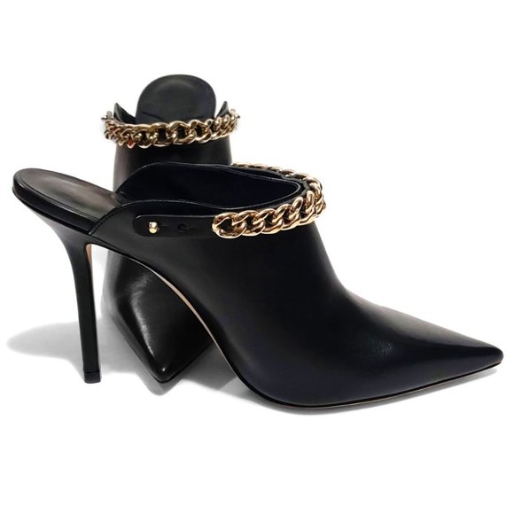 Jimmy Choo Lexx 100 Black Leather Gold Color Chain EU 37 US 7 Mules - Picture 9 of 12